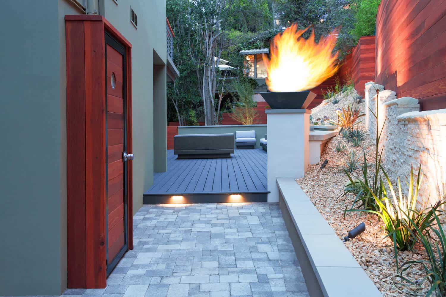 Modern Patio with Fire Bowl and Lighting