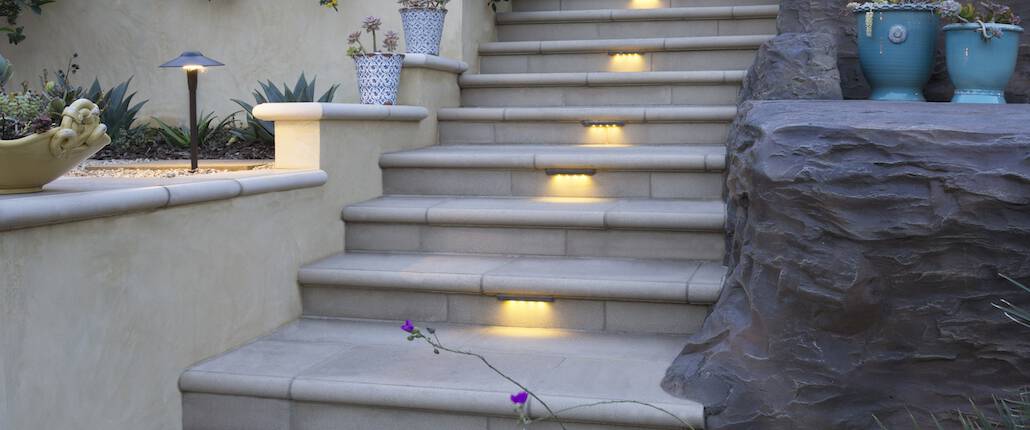 masonry staircase with accent lighting